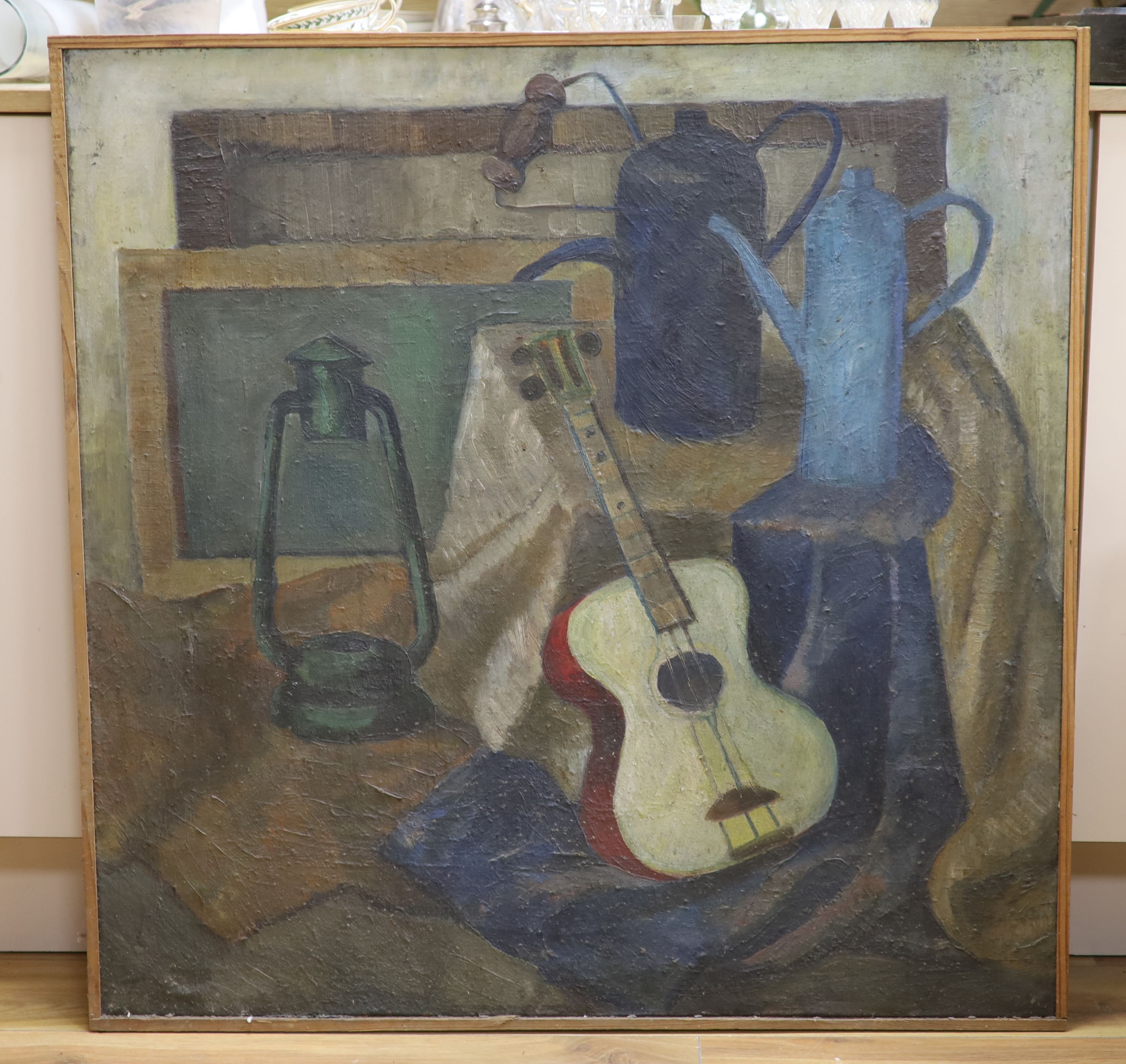 Continental School, oil on canvas, Still life with guitar and lantern, 86 x 86cm